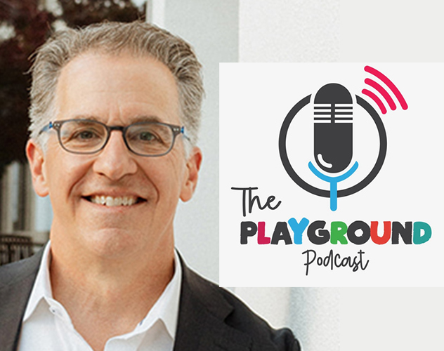 andy keimach headshot and the playground podcast logo
