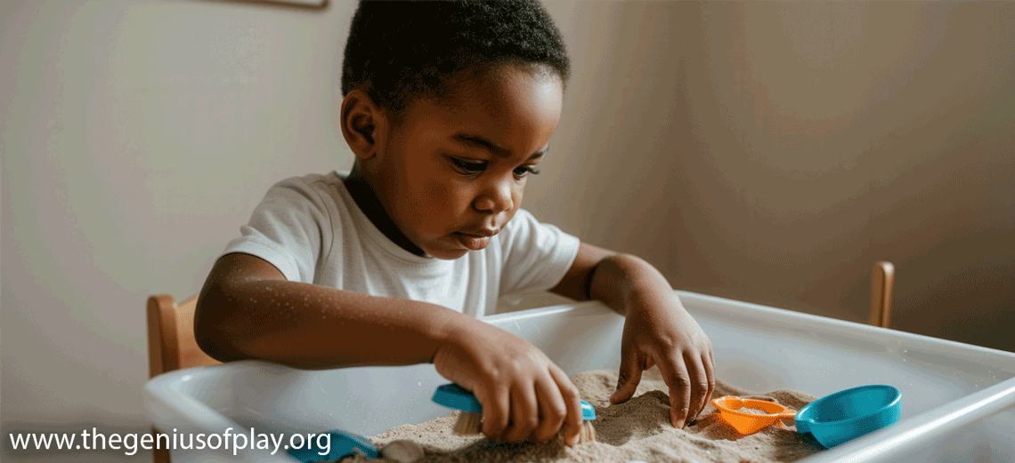 young African American boy playing with sand in a sensory bin