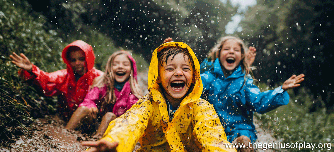 young children playing and smiling outdoors in the mud